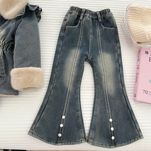 New Girls' Fleece-lined Denim and Pants <b>Extra</b> Thick Set Medium <b>Large</b> Children Autumn Winter Girls Clothing Set - Product Image 4