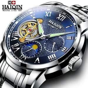 HAIQIIN 패션 실버 블루 시계 남성 럭셔리 브랜드 자동 기계식 시계 Tourbillon 해골 방수 손목 시계