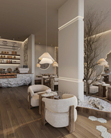 Ensemble de mobilier haut de gamme sur mesure pour confiserie, vitrine en verre, mobilier en bois pour café, design d'intérieur complet pour café.