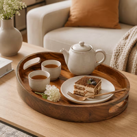 Plateau de service rond en bois d'acacia, plateau décoratif rond en bois pour table centrale, plateau de service rond en bois d'acacia avec poignée