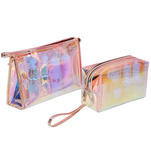 Saco de maquiagem octogonal para meninas, bolsa pequena para cosméticos em forma de concha octogonal fofa arco-íris laser tpu