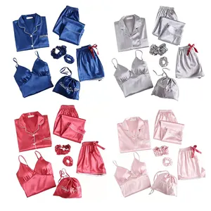 Ensemble de pyjama en soie satin pour femmes, vêtements de nuit 7 pièces, manteau ample, caraco, pantalon long, pantalon court, corde pour les cheveux - Product Image 1