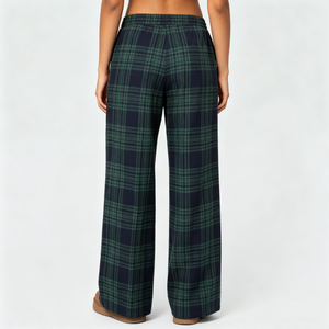 <strong>Women</strong> Green Plaid Wide Leg Pants Elastic Waist Drawstring Casual Lounge <strong>Trousers</strong> Retro Checkered Loose Fit Home Wear Fashion - Product Image 3