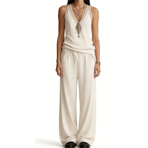 ชุดลำลองแขนกุดคอวีสำหรับผู้หญิง - ชุดลำลอง 2 ชิ้นแบบลำลองแต่งขอบตัดกันแฟชั่น - Product Image 5