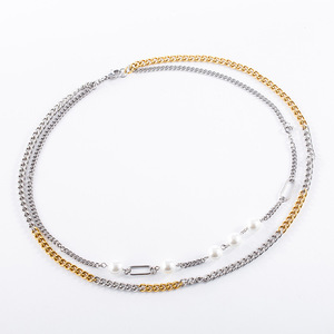 yunnique Layered <b>Titanium</b> Steel Necklace With Pearl Unisex Street Style Geometric Design Double <b>Chain</b> Fashion Jewelry - Product Image 1
