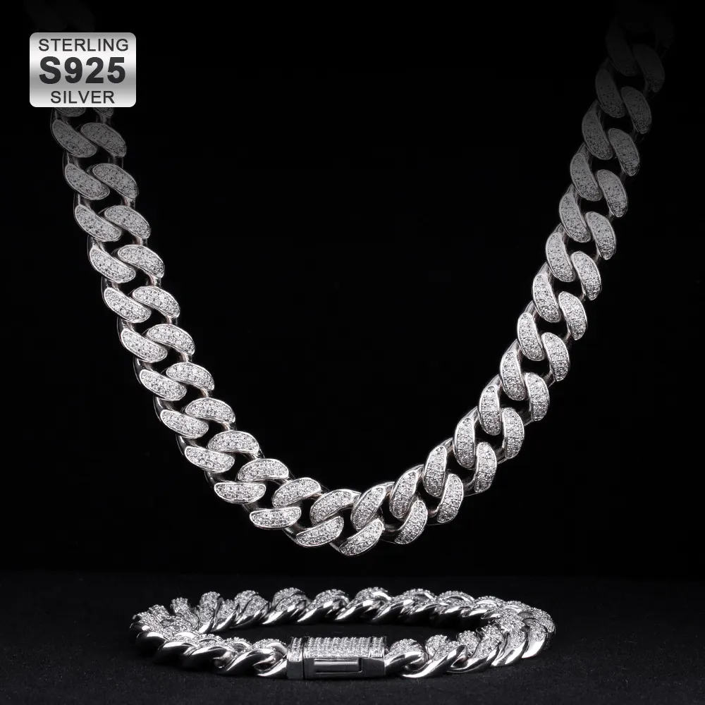 KRKC 5A CZ Iced Out 12mm 925 Sterling Silver Cuban Necklace Miami Cuban Link Chain 925 Sterling Silver Cuban Link Chain
