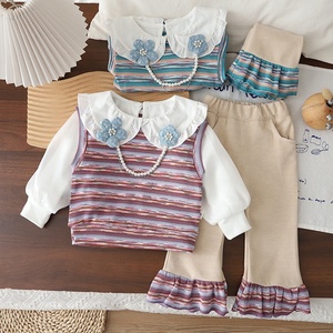 Ensemble 3 pièces à manches longues avec décor floral et blocs de couleur pour filles, tenue décontractée de printemps - Product Image 1