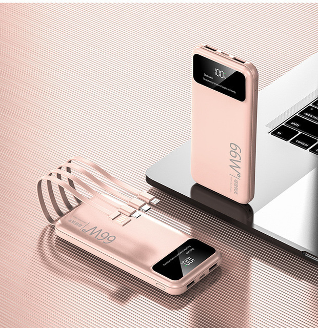 66W Fast Charging Built in Four Cable Power Bank 10000mah 20000mah Battery Mobile Charge Power Bank With 4 In1 Built in Cables
