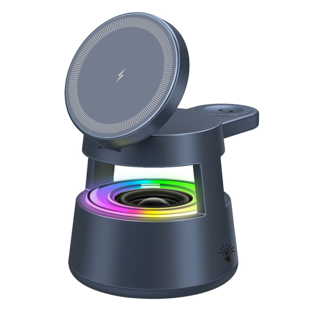 Mindpure 3-in-1 Magnetic Wireless Charger Station Foldable 15W Charging Stand with RGB Night Light and Speaker