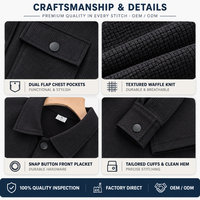 Chemise-veste personnalisée pour homme en tricot gaufré, col pointu, boutons-pression, poches à rabat sur la poitrine, poignets côtelés, poches latérales, couleur unie, OEM ODM