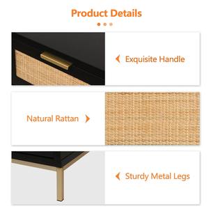 Mesa de Noche Contemporánea de Madera con Diseño de Ratán Natural, Mueble de Almacenamiento Negro con 2 Cajones para Hotel, Apartamento u Hogar - Product Image 3
