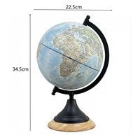 Globe terrestre bleu avec étiquettes chinoises, cadre en métal noir et base en bois naturel, en papier, décoration de bureau