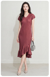 PY 2026 Novedades Vestido Casual Ecológico Plisado para Mujer, Moda con Cuello Redondo, Texturizado, Elegante, con Volantes, Largo hasta la Rodilla, Cintura Natural - Product Image 5