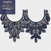 Applique de col en dentelle noire en maille multicolore avec motifs de feuilles, fleurs, perles et paillettes, broderie 100% polyester pour robe de soirée