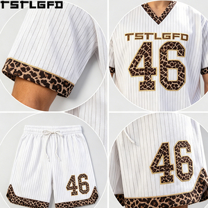 Cut And <b>Sew</b> Leopard Print Pinstripe Baseball Jersey Short <b>Set</b> Heavyweight Graphic Printed Two Piece Streetwear <b>Set</b> Wholesale - Product Image 5