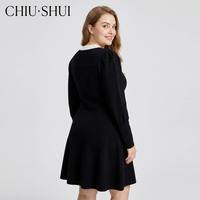 CHIU SHUI Robe en tricot noir avec col à nœud blanc, manches longues, robe midi trapèze pour femme
