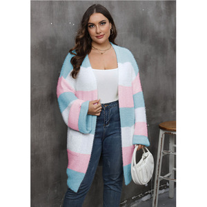 Oversized Stripe Color Matching Large <strong>Long</strong> Kimono <strong>Cardigan</strong> Knitted Sweater Factory Custom Wholesale <strong>Plus</strong> <strong>Size</strong> Women Sweater - Product Image 1