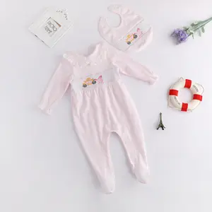 新生婴儿女童服装紧身衣婴儿连身裤婴儿围兜两件套100% 棉长袖刺绣婴儿连身衣