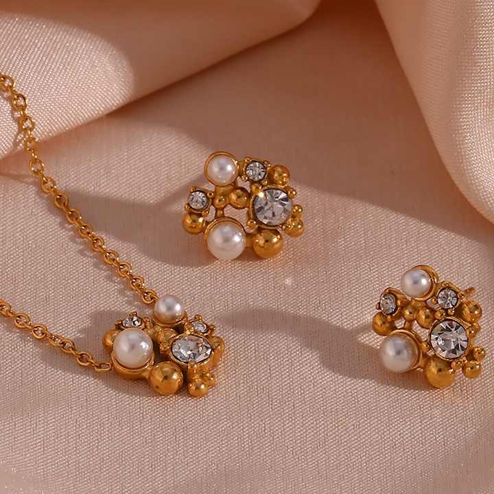 Dainty Flower Shape 18K Gold Plated Pendant Necklace and Stud Earring Set Zircon Pearl Stud Earring
