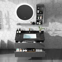 Meuble-lavabo mural moderne et minimaliste à rayures verticales noires avec vasque en pierre pour projets résidentiels et hôteliers