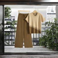 Ensemble 2 pièces en viscose tricotée pour femmes, tenue quotidienne, couleur contrastée, patchwork, manches courtes, pantalon long, tenue d'été