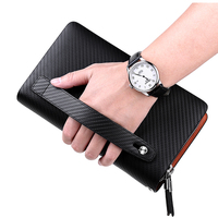Dompet Kulit Asli Pria Anti-RFID dengan Kantong Koin Ber-resleting, Penutup Paspor Panjang, Tempat Kartu, Dompet Anti-Maling Berbahan Poliester dengan Logo