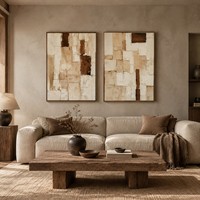 Peinture abstraite artisanale sur toile neutre, beige et marron, blocs verticaux, texture Wabi-Sabi, art mural pour la décoration intérieure du salon