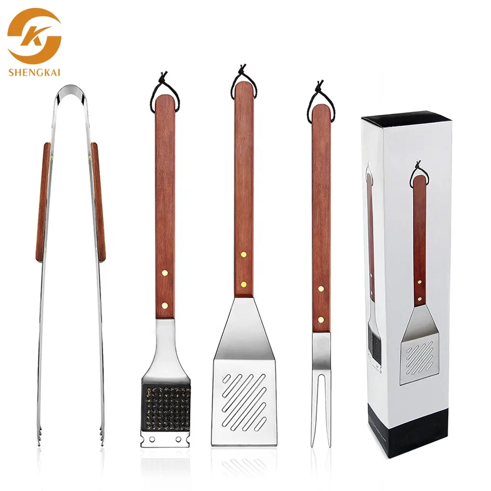 Ensemble d'outils de Barbecue, BBQ d'extérieur de 4 pièces, robuste, avec manche en bois, pinces en acier inoxydable, spatule, fourchette à viande