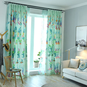 Cortina semitranslúcida de poliéster con estampado de cactus en acuarela verde menta nórdica <span class=keywords><strong>para</strong></span> sala de estar y dormitorio - Product Image 1