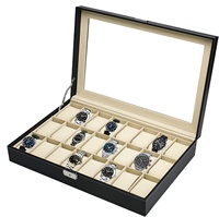 Kotak Display kulit PU kotak jam 24 Slot kotak jam tangan 24 Slot kotak jam tangan besar tampilan hitam atas kaca