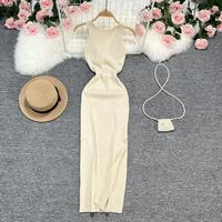 Robe Longue en Maille Tricotée Sexy Tendance Unie Sans Manches Extensible Ajustée pour Femme Vente en Gros