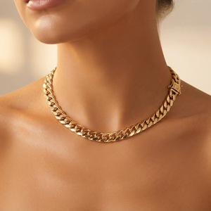 Parure <span class=keywords><strong>de</strong></span> bijoux en laiton plaqué or 14K, collier chaîne maille cubaine <span class=keywords><strong>Miami</strong></span> et bracelet à fermoir mousqueton, pour hommes et femmes, style Hip Hop, vente en gros - Product Image 3