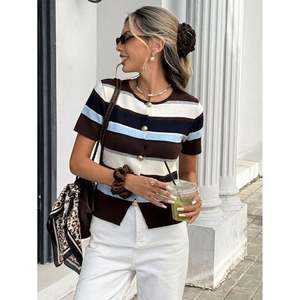 Striped Crew Neck <b>Short</b> <b>Sleeve</b> <b>Cardigan</b> Brown Stripe Women's <b>Cardigan</b> - Product Image 6