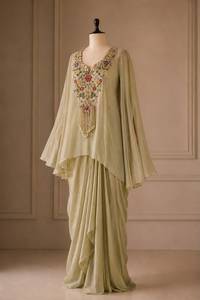 Luxury Silk <b>Kaftan</b> and Draped Skirt with Sleeveless Blouse Hand Embroidery Stitched Elegant Outfit for Women Wedding Festive - Product Image 2