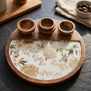 Bandeja de Servir de Madera LORD con 3 Tazones, Plato Decorativo con Incrustaciones Florales, Modelo LV61616, para Servicio de Mesa y Decoración del Hogar - Product Image 3