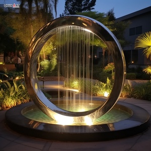 Décoration de jardin extérieur d'hôtel de ville personnalisée Grande sculpture en métal Statue circulaire en acier inoxydable avec anneau lumineux <span class=keywords><strong>Fontaine</strong></span> d'<span class=keywords><strong>eau</strong></span> avec cascade - Product Image 4