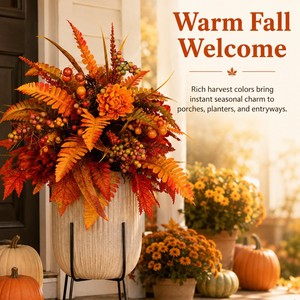 Composition florale artificielle d'automne avec baies d'érable et citrouilles de la récolte, en PVC, pour décoration extérieure et intérieure - Product Image 3