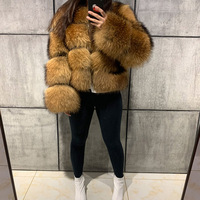 Chaqueta Corta de Piel de Mapache Genuina Marrón Natural para Mujer, con Gancho Oculto, Abrigo de Invierno de Piel Real y Esponjosa