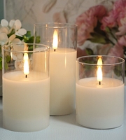 Bougie LED sans flamme 3D à piles 2AA, pot en verre transparent, gris ambre, lot de 3 bougies, vraie cire de paraffine, bougies LED