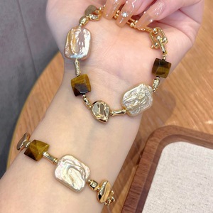 French Square Sugar Tiger Eye Stone <strong>Beaded</strong> Bracelet, Handmade Baroque Natural Freshwater Pearl Bracele - Product Image 4