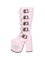 Bottines à plateforme rose pour femmes, hauteur genou, boucle crâne, décoration cœur, talon épais, chaussures gothiques punk