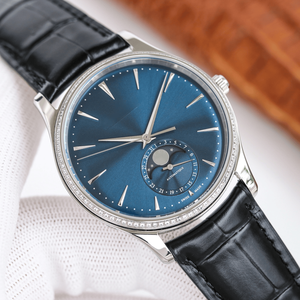 Mechanical Watch with Moon Phase Date Function Diamond Bezel Leather Strap Stainless Steel Case for Business Casual Wear - Product Image 2