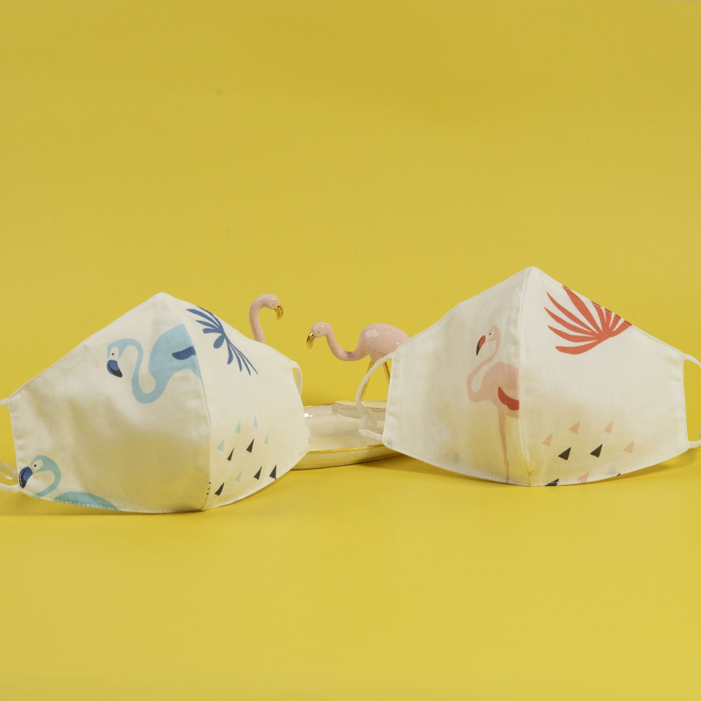 Breathable Comfortable Spring Summer Fashionable Vacation Flamingo Bird Print White Cotton Cloth Facemask Party Mask For Women