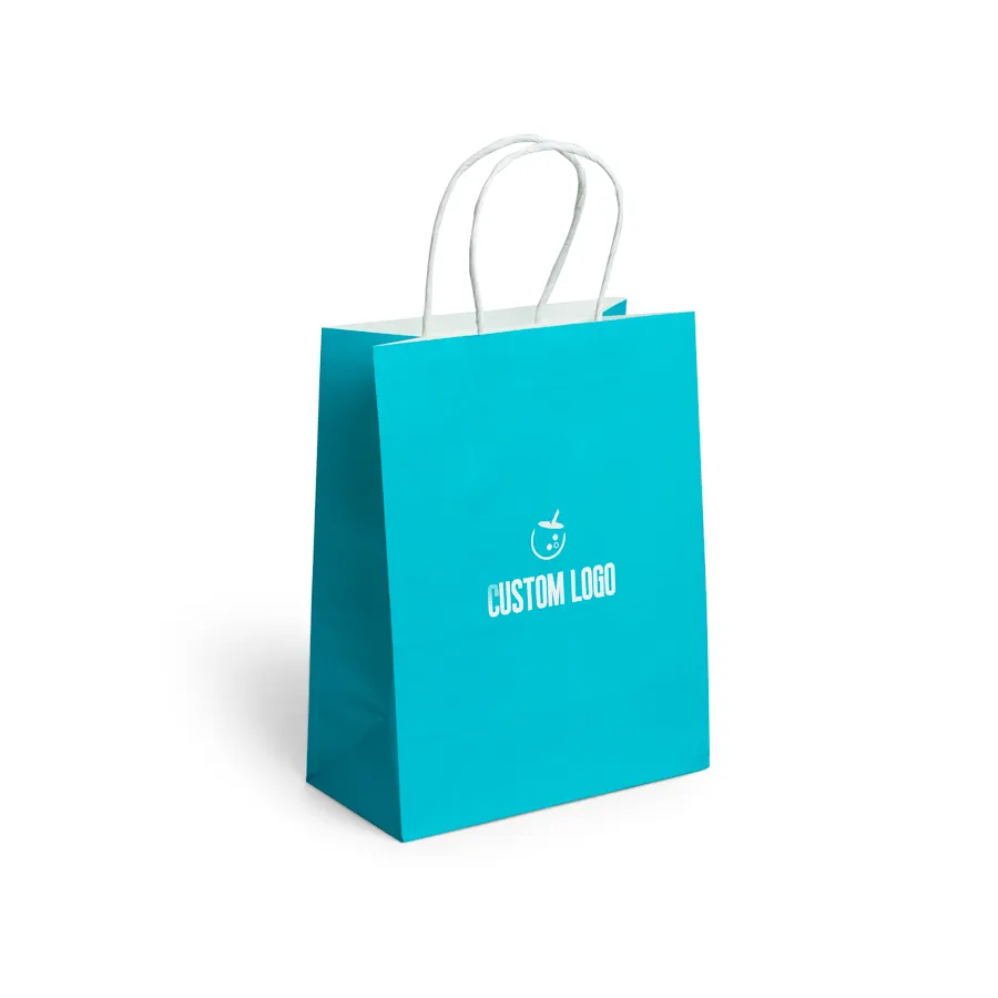 حقيبة هدايا بيضاء وبنية بمقابض متشابكة مطبوعة مخصصة حقائب ورقية للتسوق والتعبئة في المتجر تحمل شعارك الخاص