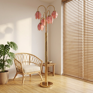 Lampe sur pied en verre rose à 5 têtes, douille E26, base en métal plaqué or - Product Image 4