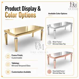 Mesa de Comedor de Acero Inoxidable Dorado Premium con Cristal Espejado, Patas Cónicas con Detalle de Celosía para Suministro de Banquetes de Boda - Product Image 5