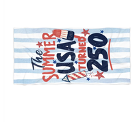 Serviette de plage promotionnelle personnalisée de haute qualité avec l'inscription « 250e anniversaire 1776-2026 », en tissu confortable pour les vacances d'été