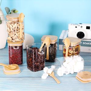YOLOWE HOME 18 OZ <span class=keywords><strong>Set</strong></span> 4 frascos de vidrio cuadrados tapas de bambú cucharas herméticas pequeño vidrio té café azúcar contenedores almacenamiento de alimentos - Product Image 5