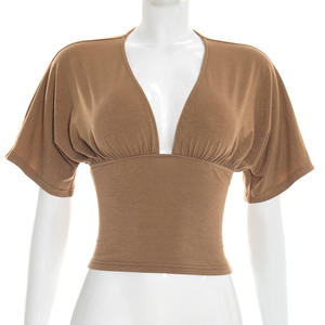 Viviblook Y26TP062 New Women Summer T-<b>shirt</b> Deep V-Neck High Waisted <b>Patchwork</b> Drop Shoulder Short Sleeved Top for Ladies - Product Image 2