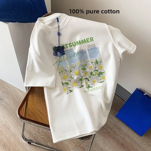 T-<span class=keywords><strong>shirt</strong></span> décontracté en coton à manches courtes et col rond pour <span class=keywords><strong>femme</strong></span>, coupe ample, blanc, style Instagram, collection Printemps 2025 - Product Image 1